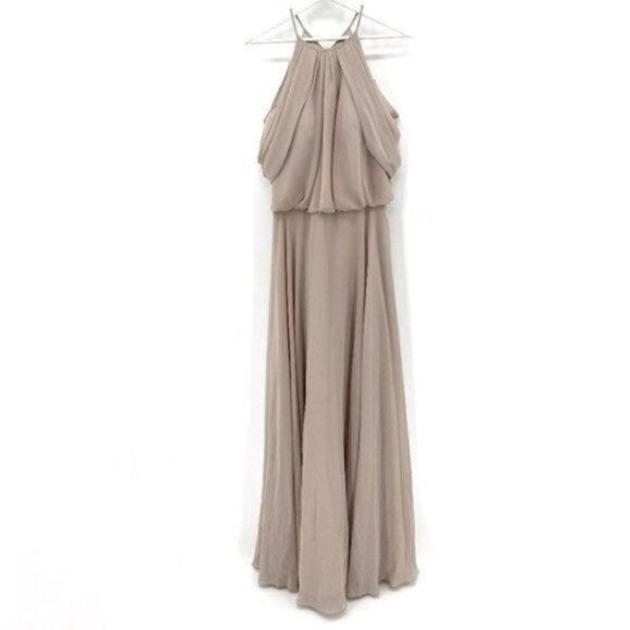 Kleinfeld Bridesmaid Cappuccino Sleeveless Chiffon Cold Shoulder 14 Maxi Dress - Picture 2 of 12